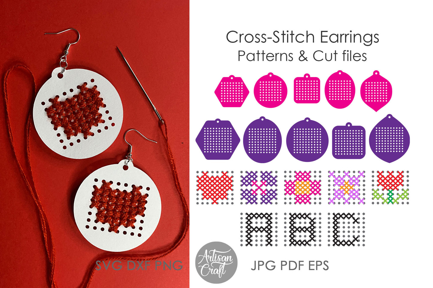 Cross stitch earrings with patterns & SVG for laser cutting