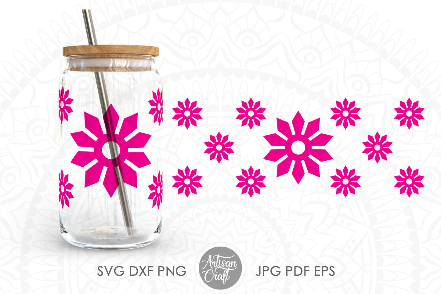 16oz glass can SVG showing flower and monogram