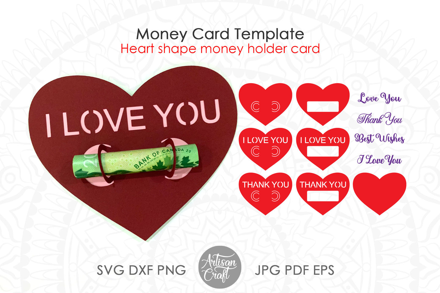 Money card template with heart for Valentines day gifts