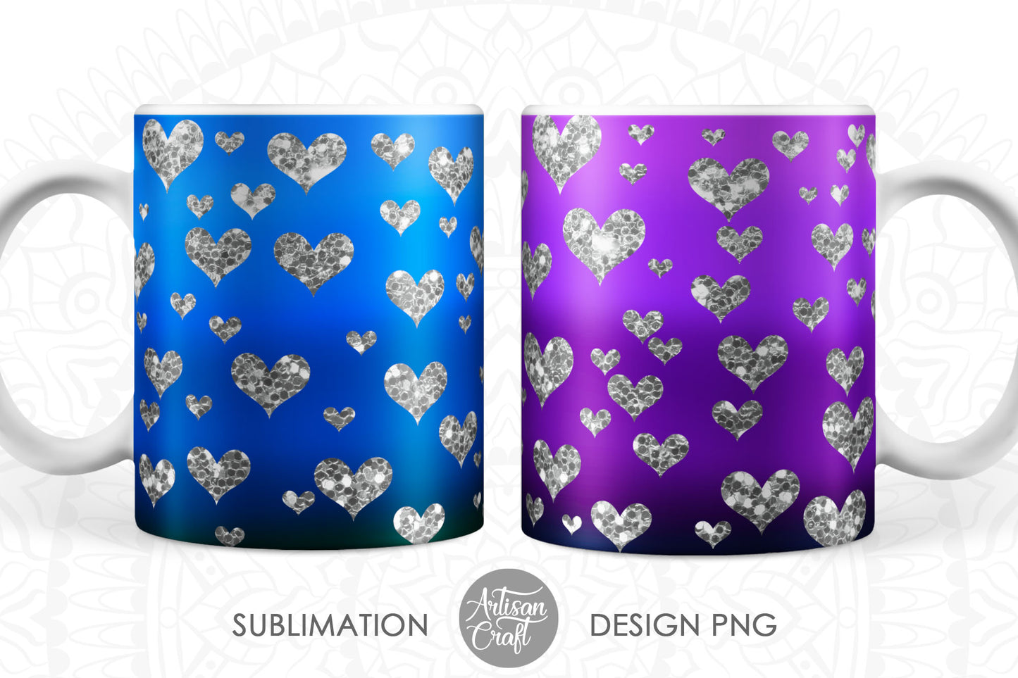 Mug sublimation, color gradient silver glitter heart