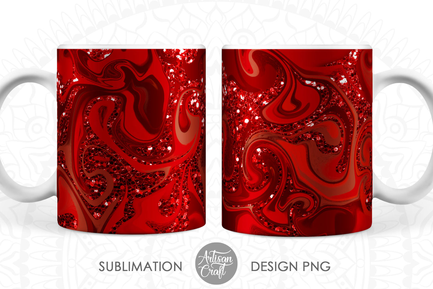 Valentines day mug sublimation with red acrylic pour art and glitter