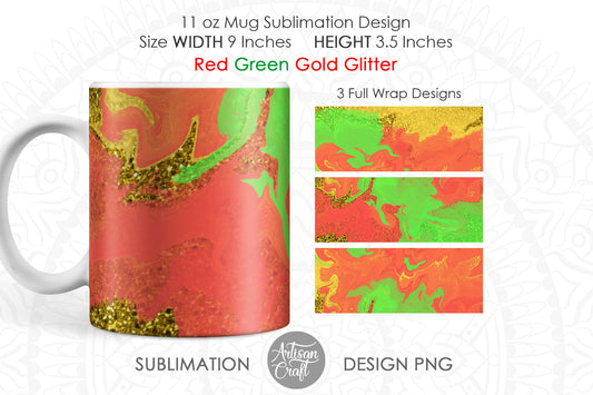 Sublimation designs for mugs in red, green and gold glitter
