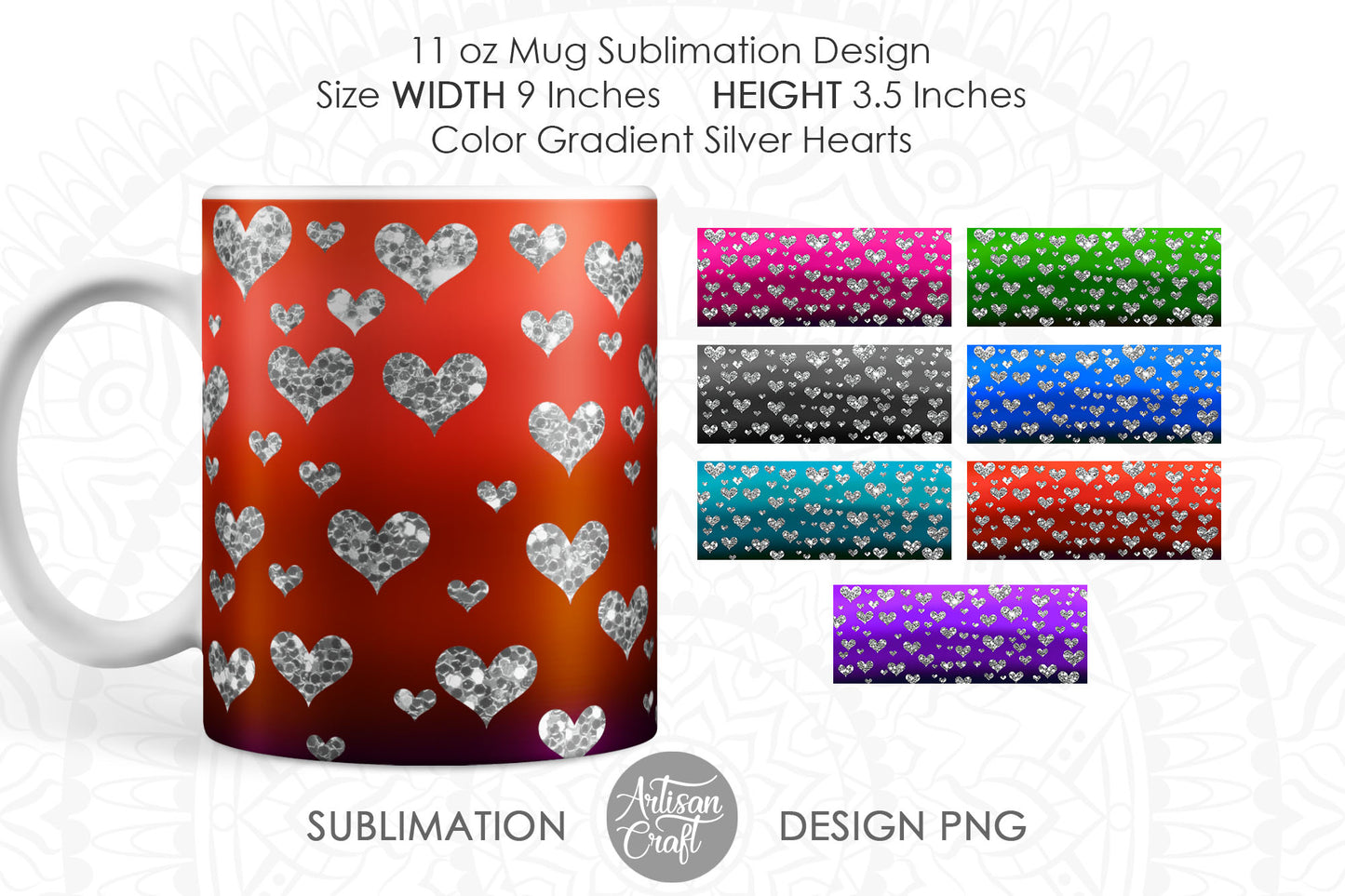 Mug sublimation, color gradient silver glitter heart