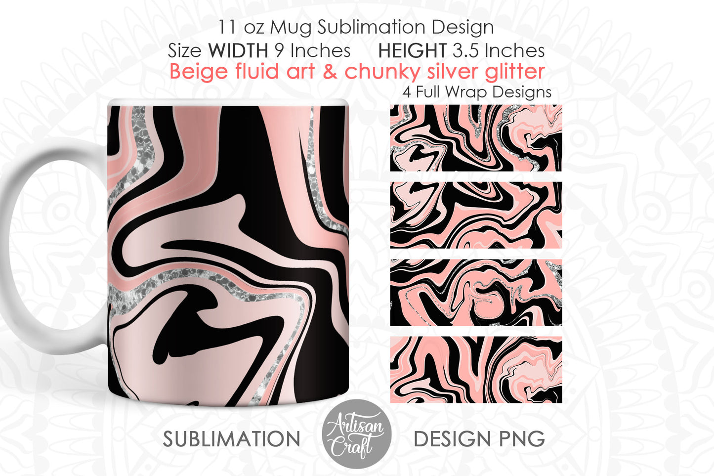 Beige fluid art 11oz mug template with silver glitter