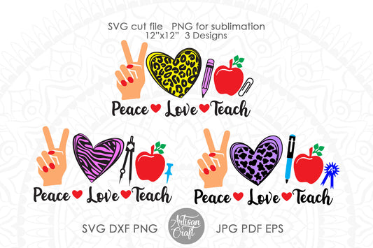 Peace Love Teach SVG, leopard print heart