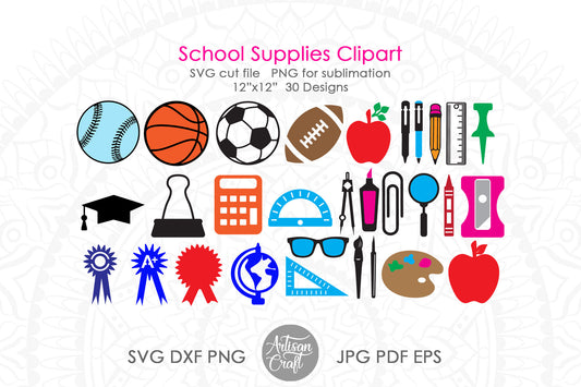 School supplies clipart, SVG cut files