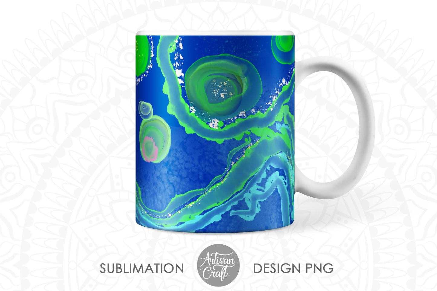 Sublimation mug designs showing malachite art