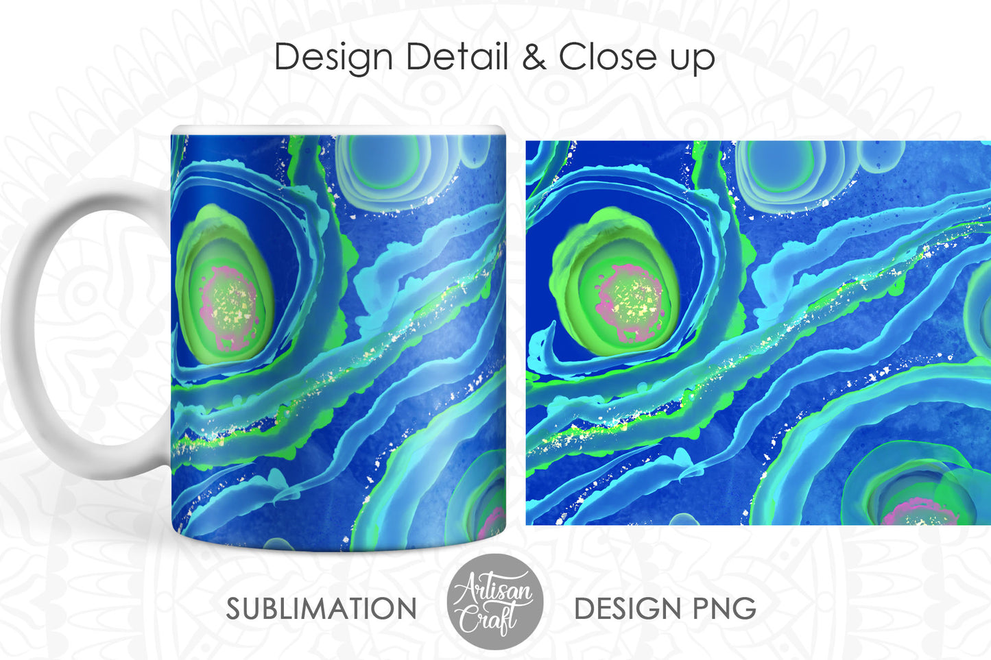 Sublimation mug designs showing malachite art