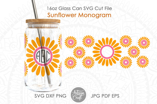 16oz glass can SVG with Sunflower monogram