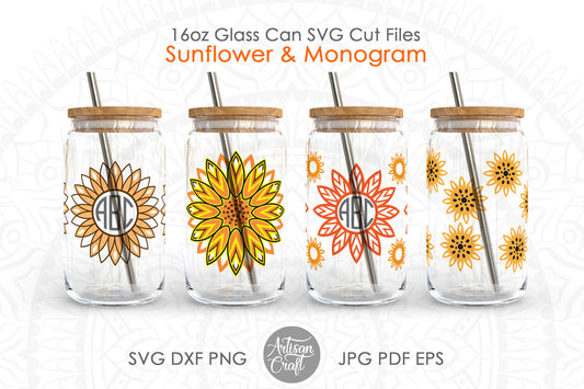 Sunflower 16oz can glass SVG with monograms