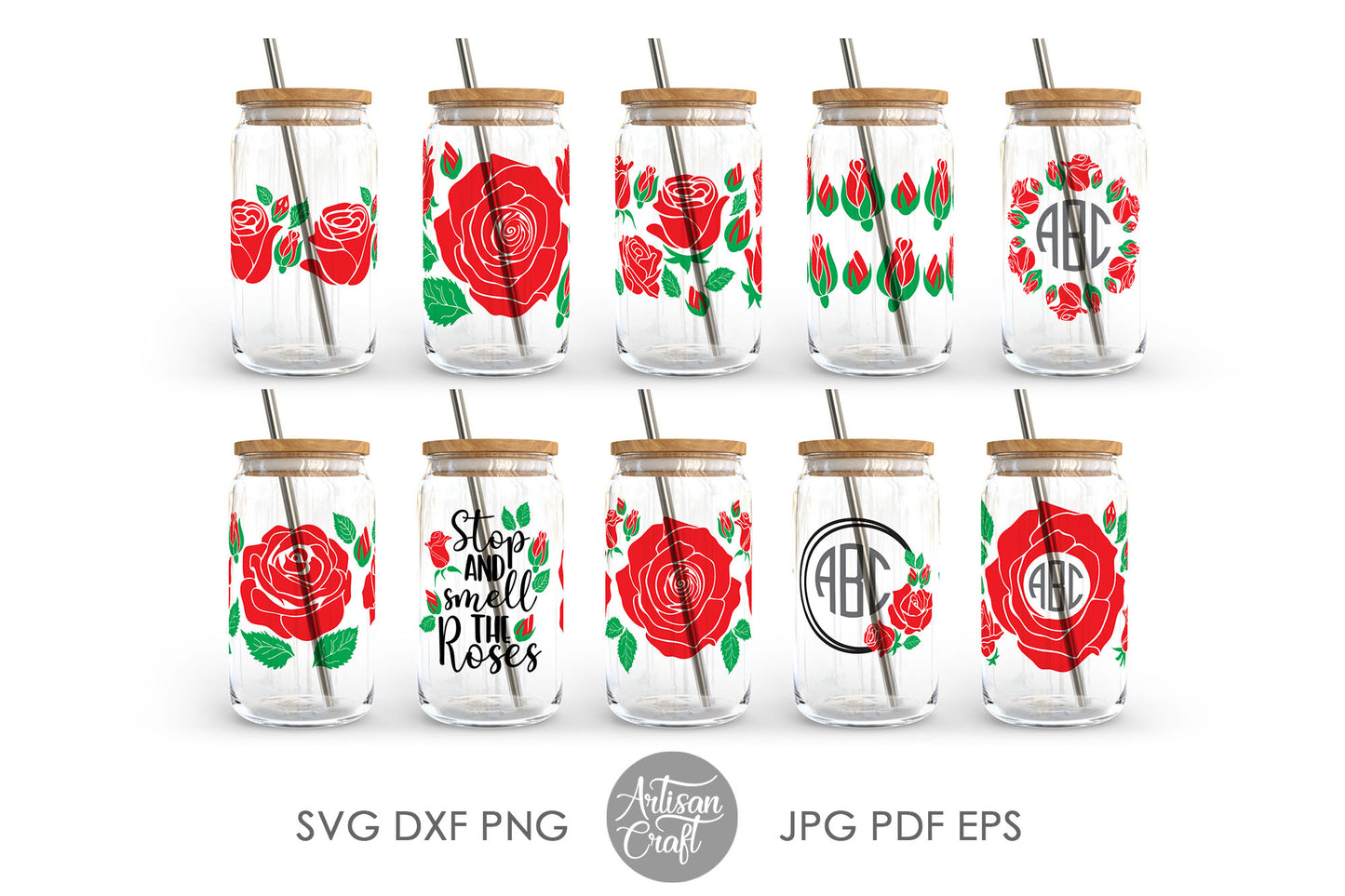 Can Glass SVG with Roses & Rose monogram