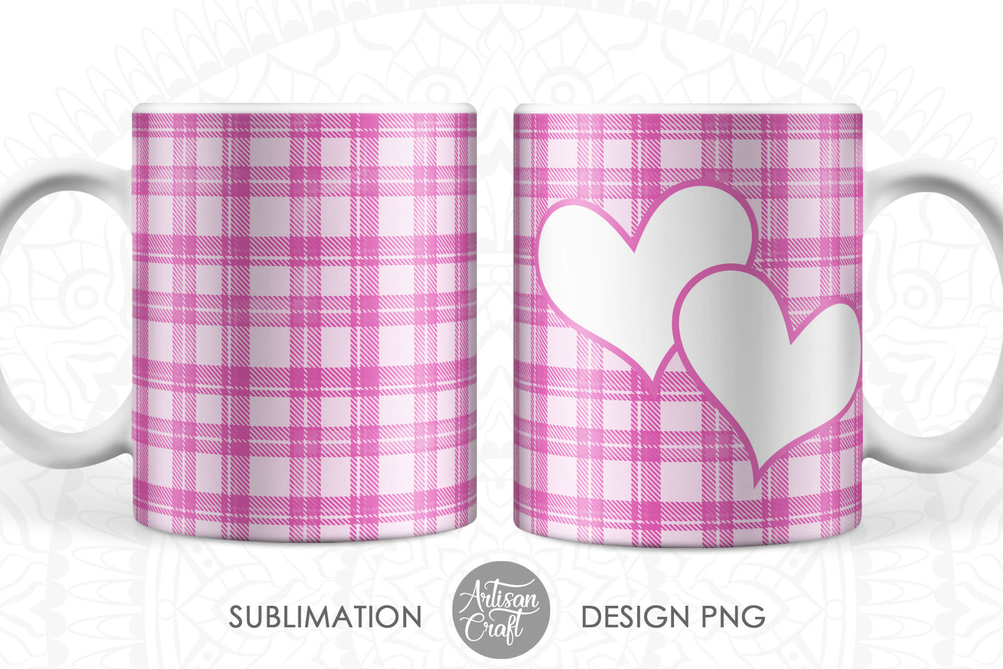 Photo mug sublimation designs with pink plaid hearts