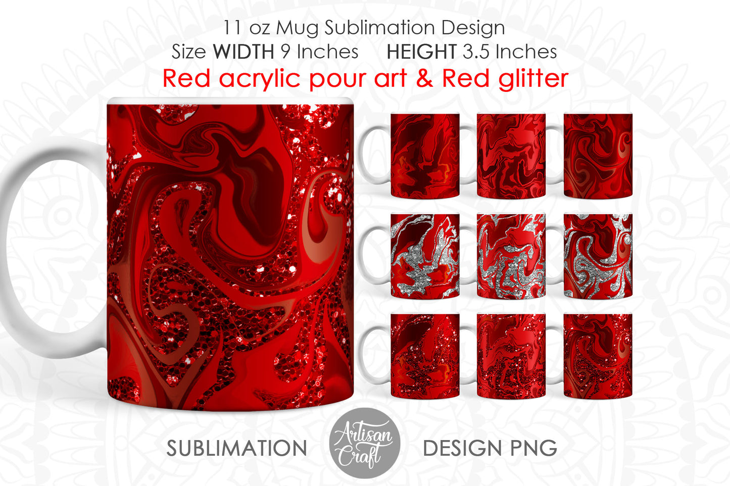 Valentines day mug sublimation with red acrylic pour art and glitter
